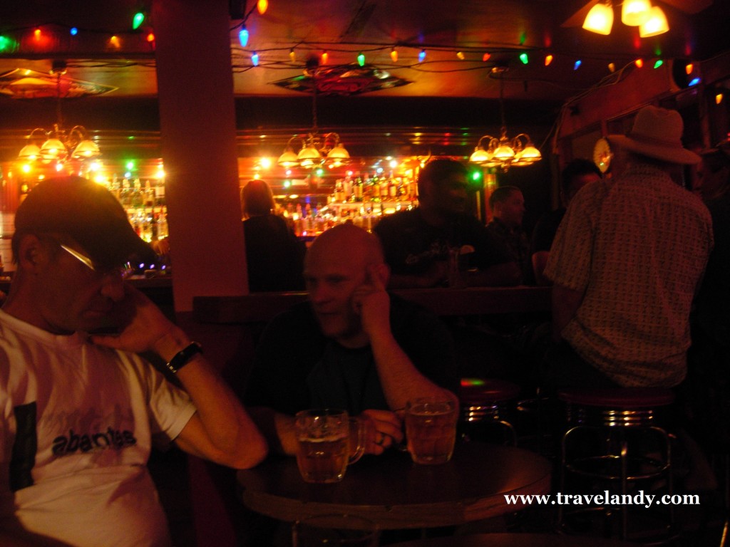 Two locals enjoy a beer at The Pitt. The man on the left was the one who said, "Welcome to Dawson City."