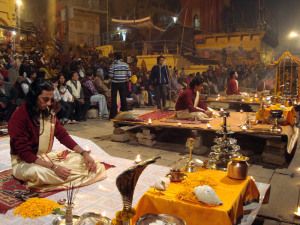 Priests perform the Ganga aarti rituals on Dasaswamedh Ghat. Picture by Bitan Sikdar