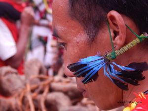 A tribal man sports a colourful earring made of bird features