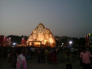 The huge Durga idol at Deshpriya Park in Kolkata. Picture by Soumajit Saha