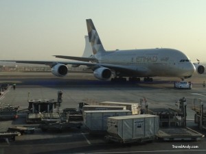 An Etihad A380 at Abu Dhabi International Airport