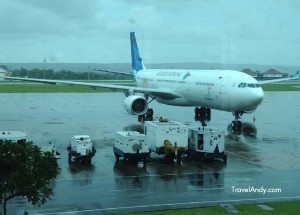 A Garuda Indonesia aircraft at the airport in Denpasar, Bali