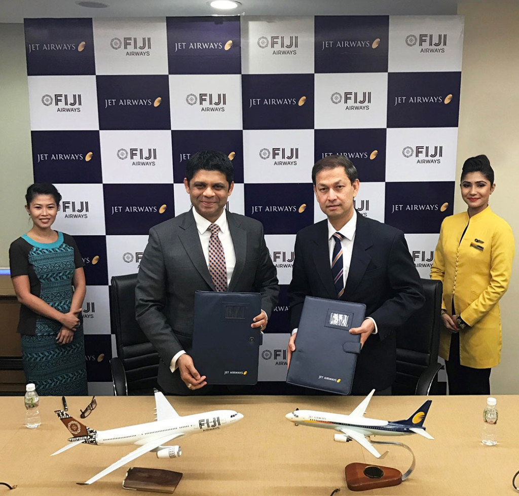 (Second from Left) Fiji minister in charge of civil aviation Aiyaz Sayed-Khaiyum with Colin Neubronner, senior vice-president, sales & marketing, Jet Airways, at the codeshare signing ceremony, in Mumbai