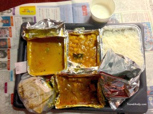 A standard vegetarian meal available on trains in India